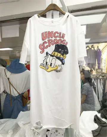 韩国东大门夏短袖t恤女2020新款中长款宽松显瘦破洞裙子百搭上衣商品大图