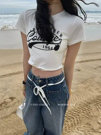 2023春秋新款韩版字母印花高腰休闲显瘦绑带设计感短袖T恤上衣女图片