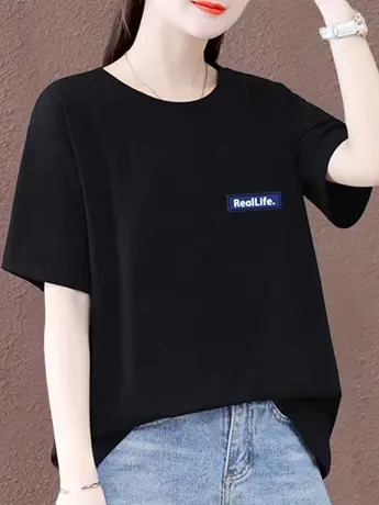 捡漏妈妈装大码夏字母印花短袖T恤女宽松中性风圆领上衣百搭图片