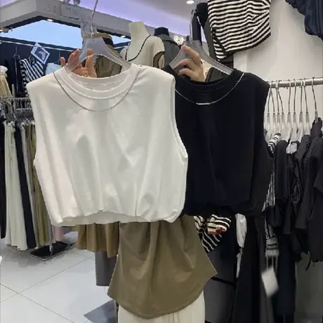 ins超火无袖T恤女夏季宽松百搭韩版显瘦小个子短款收腰上衣体恤潮商品大图