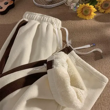 加绒加厚抽绳卫裤女秋冬2022新款宽松显瘦阔腿裤羊羔毛休闲运动裤图片