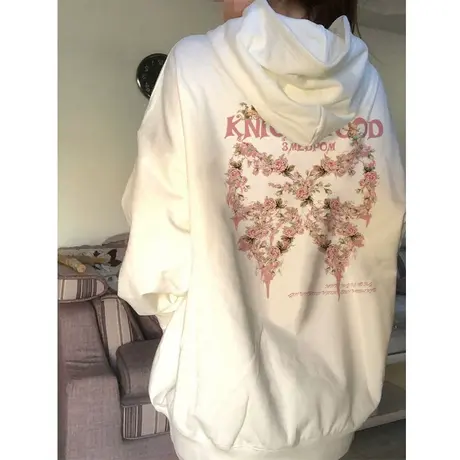 连帽白色卫衣女秋冬加绒加厚小众设计感潮牌宽松oversize外套上衣商品大图