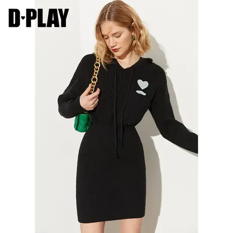DPLAY秋装新经典黑重工爱心刺绣高腰修身连帽包臀针织连衣裙图片