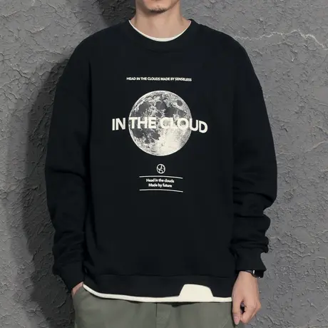 帅气潮流男生青少年假两件卫衣2021秋冬新款个性潮牌印花加绒衣服商品大图