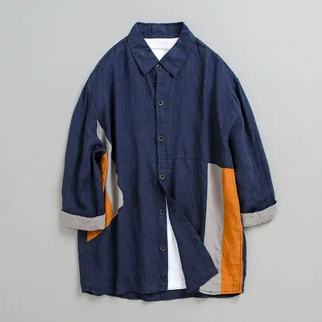 亚麻衬衫男夏季薄款日系免烫衬衣七分袖休闲宽松拼接外套上衣潮流商品大图