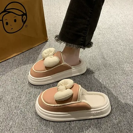 踩屎感棉拖鞋女士秋冬季2023新款室内家居厚底毛绒保暖蝴蝶结棉拖商品大图