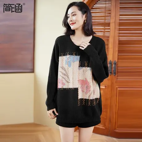 简涵2023秋冬新款大码女装200斤上衣胖mm韩版显瘦套头黑色毛衣图片