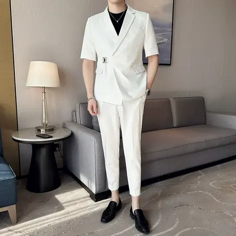 休闲中袖西装男垂感白色外套夏季卡扣西服英伦修身九分裤两件套潮商品大图