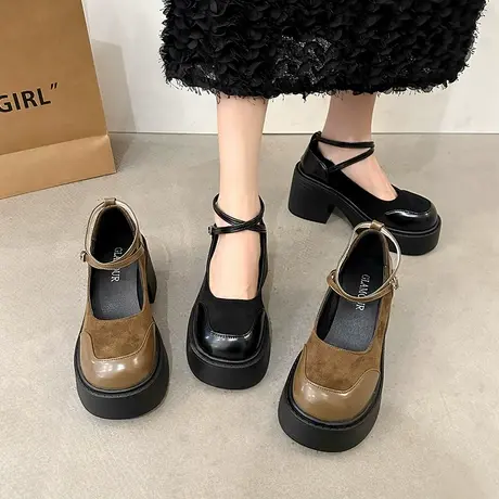 玛丽珍鞋女2024年新款春秋季浅口粗跟小皮鞋配裙子通勤法式高跟鞋商品大图