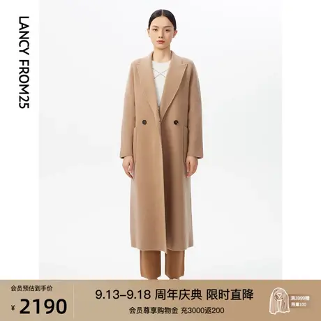 俪雅女装冬季新款驼色毛呢外套宽松双排扣长款羊毛大衣女商场同款图片