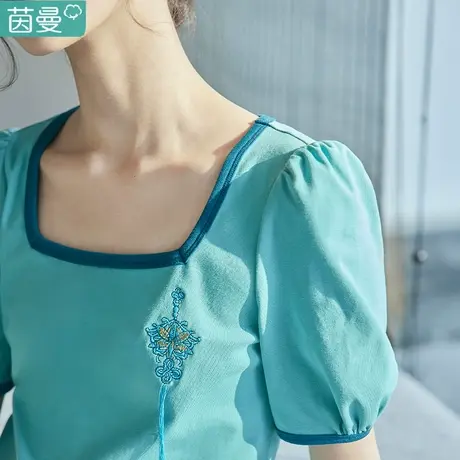 茵曼旗舰店新中式女装短款方领短袖T恤2023新款小众上衣夏天女款图片