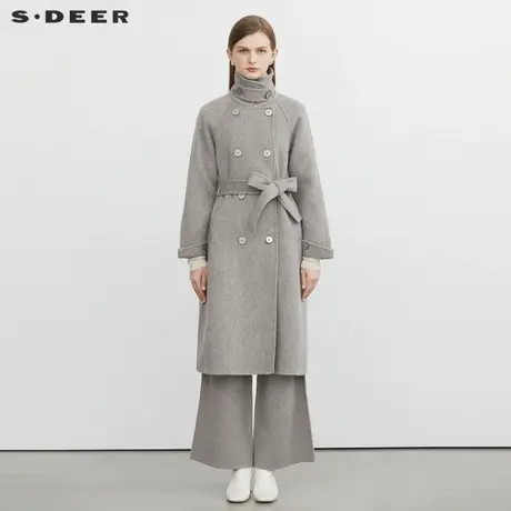 sdeer圣迪奥女装时尚立领收腰长款毛呢大衣S224Z2565图片