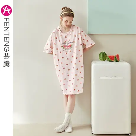 芬腾睡裙女纯棉夏季短袖薄款透气中长裙可爱卡通甜美韩版少女睡衣商品大图