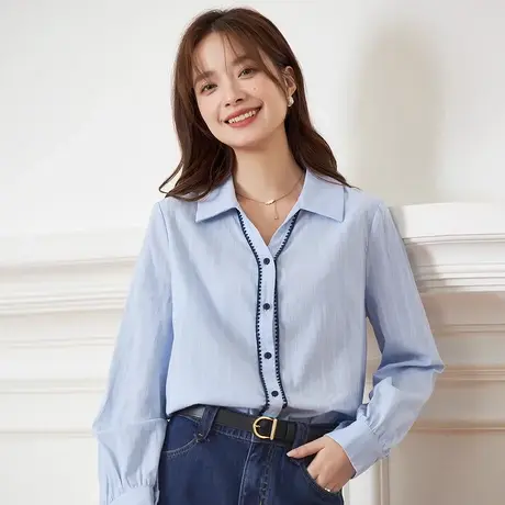 茵曼蓝色v领超好看衬衫女2023年秋季新款长袖法式衬衣上衣小个子商品大图