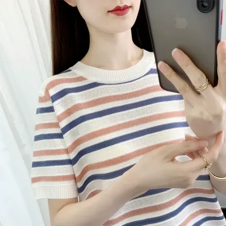 冰丝短袖女夏装2023年新款宽松女装镂空条纹针织衫洋气上衣外穿潮图片