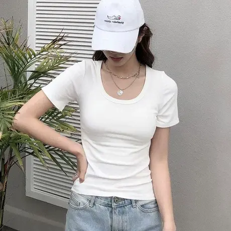 2023夏季新款螺纹T恤短袖纯色U领大圆领弹力紧身显瘦百搭女短袖潮商品大图