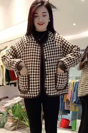 粗麻格纹插肩小香短外套菱形格纹短款圆领单排扣上衣开衫春秋女装商品大图