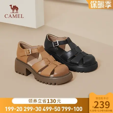 骆驼女鞋2023年新款夏季猪笼鞋女厚底镂空包头凉鞋真皮罗马凉鞋女商品大图