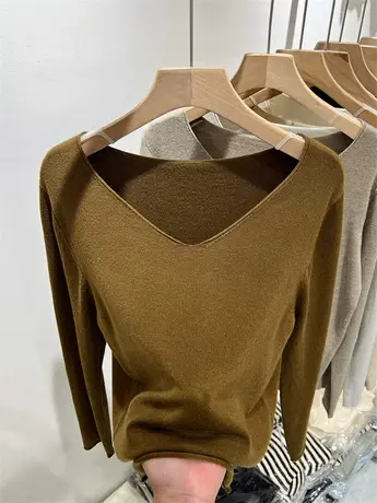 法式V领针织衫宽松长袖上衣女2023早秋纯色羊毛慵懒风内搭打底衫商品大图