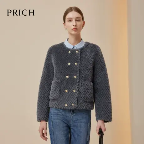 PRICH气质圆领小香风短外套保暖柔软复古摩登毛绒棉服女图片