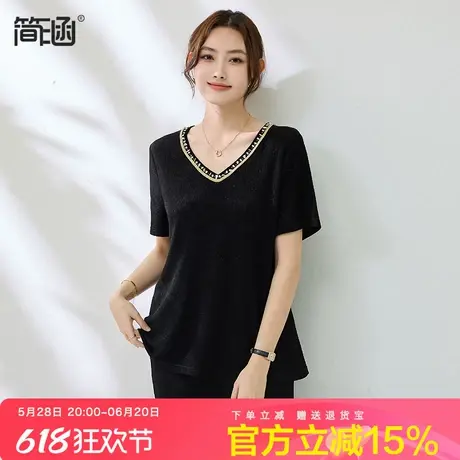 V领醋酸短袖T恤简涵2025夏新款中年妈妈宽松显瘦时尚洋气轻奢上衣商品大图