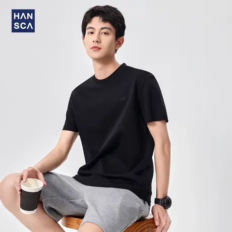 hansca 液氨双面纯棉正肩短袖t恤男2025夏季舒适凉感简约刺绣体恤商品大图
