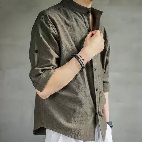 七分袖衬衫男夏季韩版潮流立领帅气亚麻短袖衬衣中袖棉麻寸衫男士商品大图