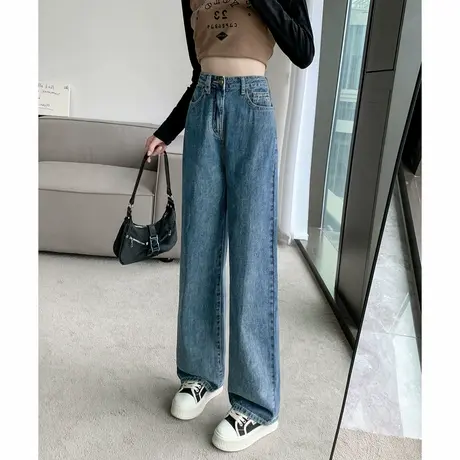 唐狮春季新款女牛仔裤高腰宽松阔腿裤显瘦窄版复古直筒裤子女夏图片