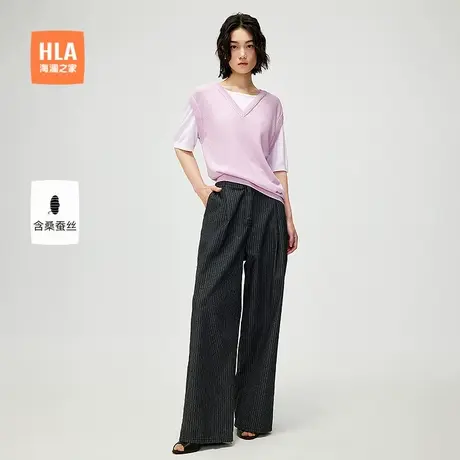 【含桑蚕丝】HLA/海澜之家短袖薄针织衫25春夏新款假两件毛衣女装商品大图