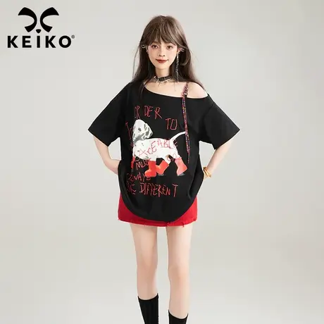 【呼呼严选专享】KEIKO 2025夏季编织肩带短袖斜肩T恤女商品大图