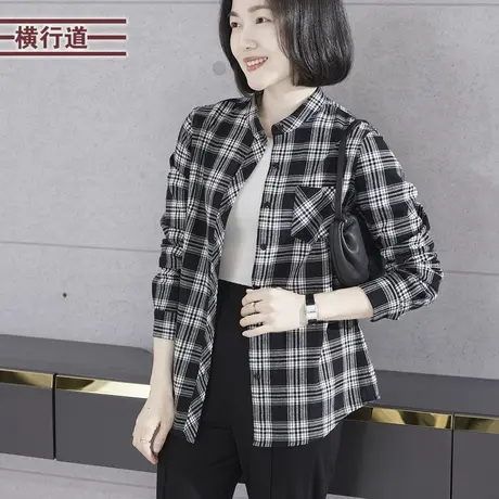 简约休闲复古立领格子宽松长袖衬衫女装外穿开衫上衣2023冬季新款图片