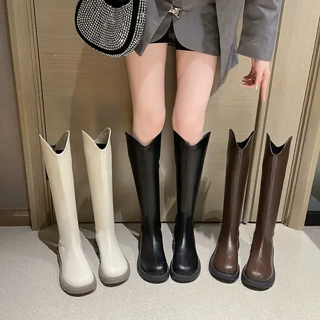 瘦瘦靴复古靴子女2023新款秋季v口粗跟骑士靴法式高级配裙子女靴图片