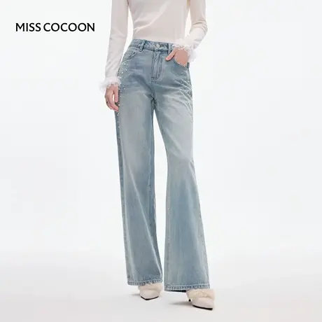 MISSCOCOON可可尼深蓝色牛仔裤女2025冬季新款复古纯棉直筒阔腿裤商品大图