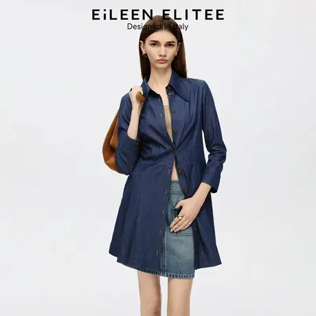 EiLEEN ELITEE2025年秋新款高级感衬衫牛仔长袖收腰A字连衣裙子女商品大图