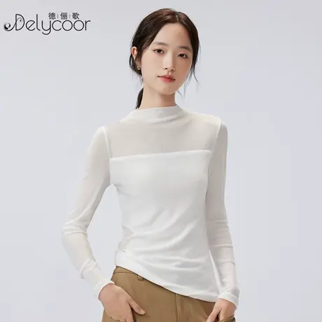 半高领网纱打底衫女秋季高级感镂空蕾丝内搭修身长袖t恤薄款上衣图片