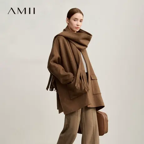 Amii2025冬新款超宽松中长无弹配围巾落肩全羊毛双面呢外套大衣商品大图