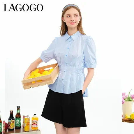 LAGOGO纯棉蓝色文艺风百搭衬衫女拉谷谷夏季新款气质收腰短袖上衣商品大图