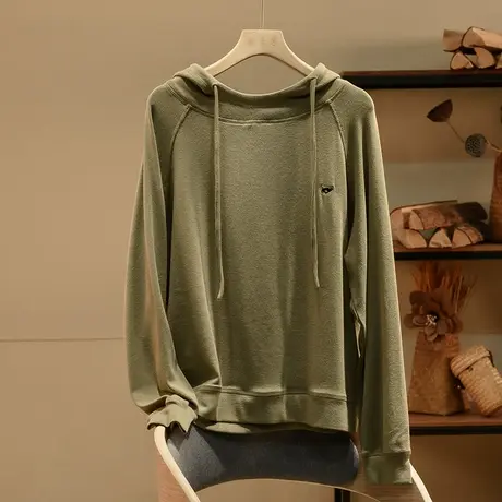 享永子连帽套头T恤女上衣宽松休闲复古上衣2023秋季新款商品大图