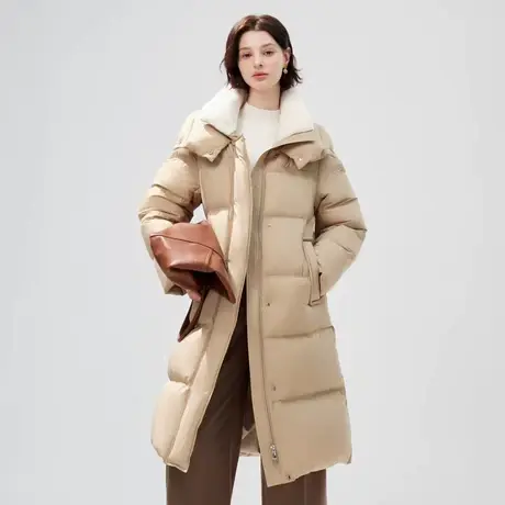 【来了就好】秋水伊人长款带毛领保暖羽绒服商品大图