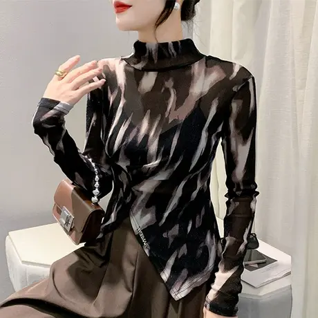 扎染印花撞色T恤女长袖性感网纱立领上衣气质百搭修身显瘦打底衫商品大图