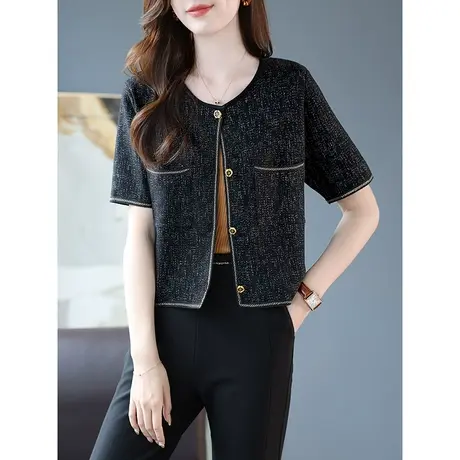 宝诗黎圆领小香风短款针织外套女短袖2023秋季新款时尚高级感上衣商品大图