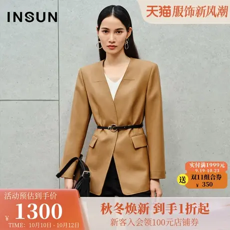 恩裳2023冬装新款简洁无领粗斜纹精纺羊毛气场垫肩美拉德西装外套图片