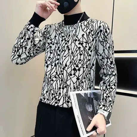 高级感秋冬季毛衣男网红花色撞色满印ins潮流修身内搭针织衫上衣商品大图