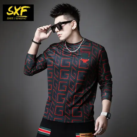 SXF圣希梵男士长袖t恤 秋季新款满印花修身圆领上衣欧货衣服男潮商品大图