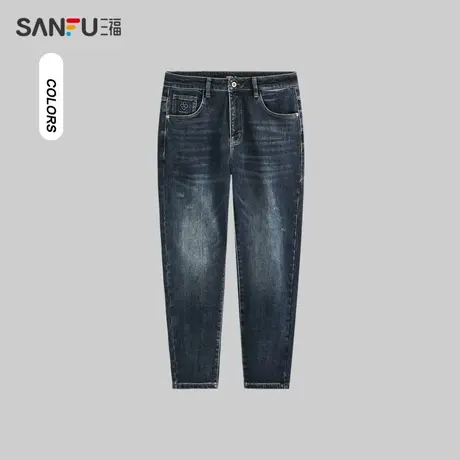 三福2023冬男士压胶口袋磨毛加厚牛仔裤 复古小脚长裤男478002商品大图