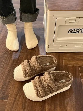 魔术贴包头半拖鞋女冬季加绒羊羔毛棉拖2023年新款外穿丑萌毛毛鞋图片