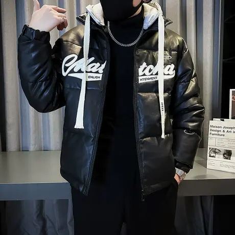 2023秋冬新款男士PU皮连帽棉衣加厚保暖外套夹克棉袄修身立领棉服图片