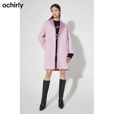 【七七酱专享】欧时力 羊毛呢子廓形大衣 新冬西装驳领仿皮边通勤商品大图