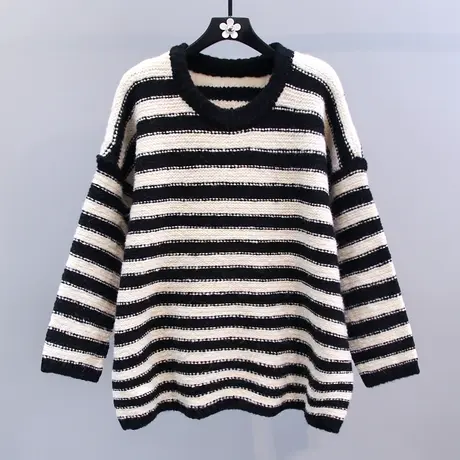 慵懒风复古撞色条纹毛衣女秋冬2023新款宽松软糯套头上衣打底衫商品大图