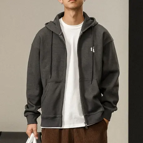 潮流男装连帽拉链卫衣纯色休闲男装百搭潮牌卫衣男士长袖卫衣图片